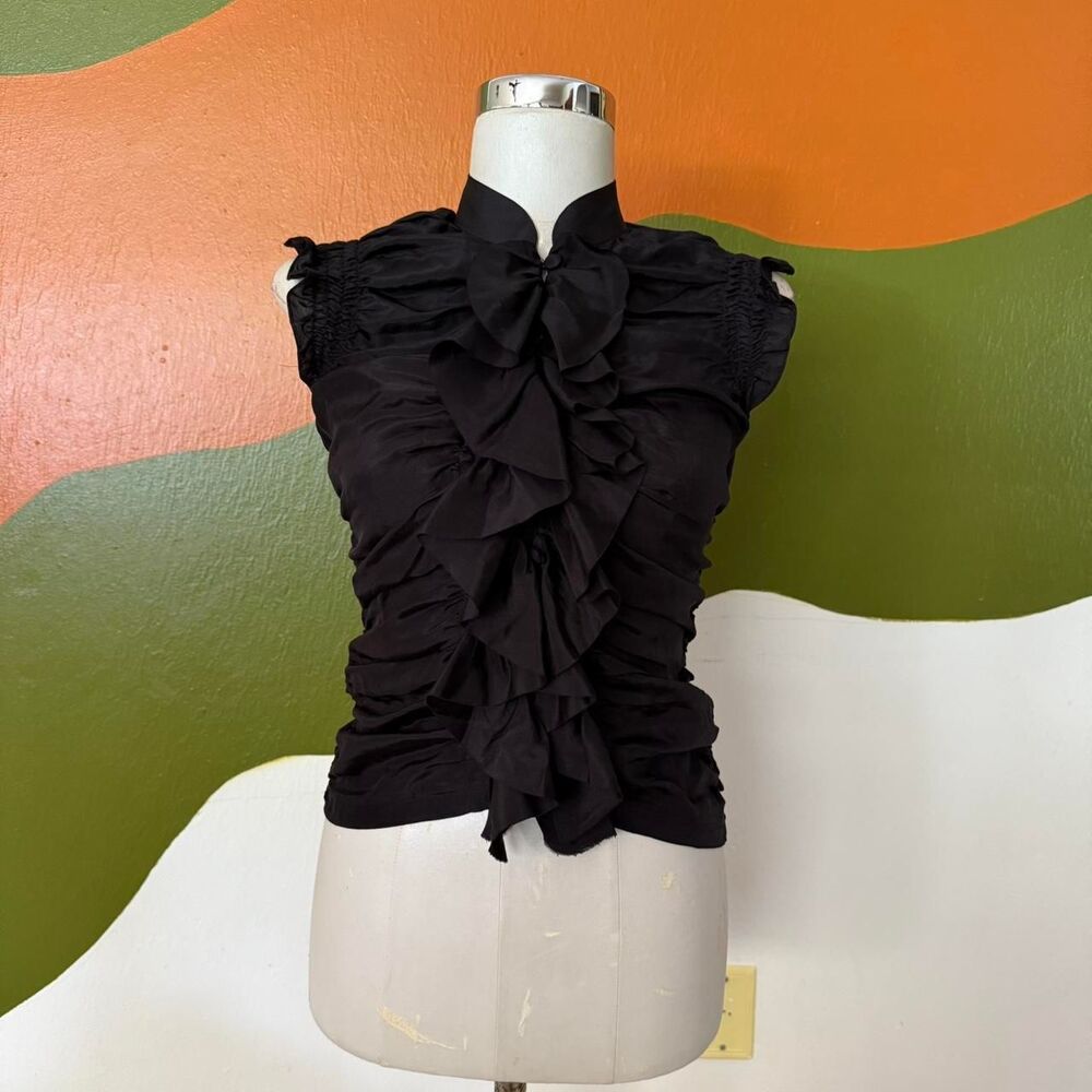 Vintage 100% Silk Ruffle Top Black Ruched Blouse Mock Neck Size 2 Y2K Whimsigoth